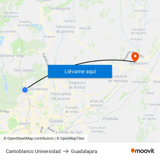Cantoblanco Universidad to Guadalajara map