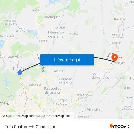 Tres Cantos to Guadalajara map
