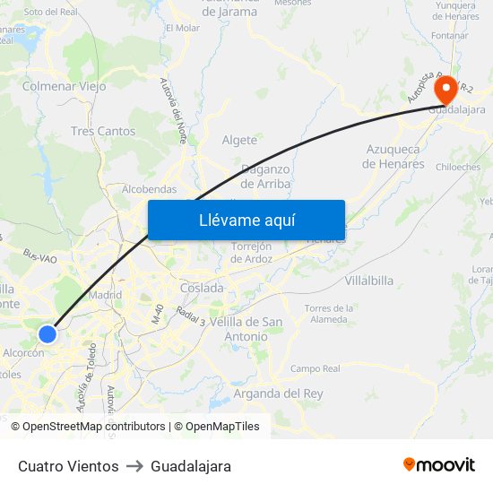 Cuatro Vientos to Guadalajara map
