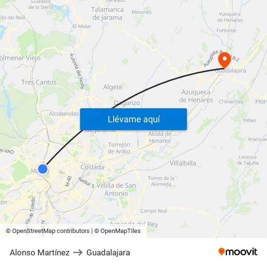 Alonso Martínez to Guadalajara map