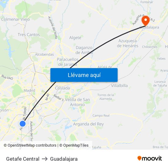 Getafe Central to Guadalajara map
