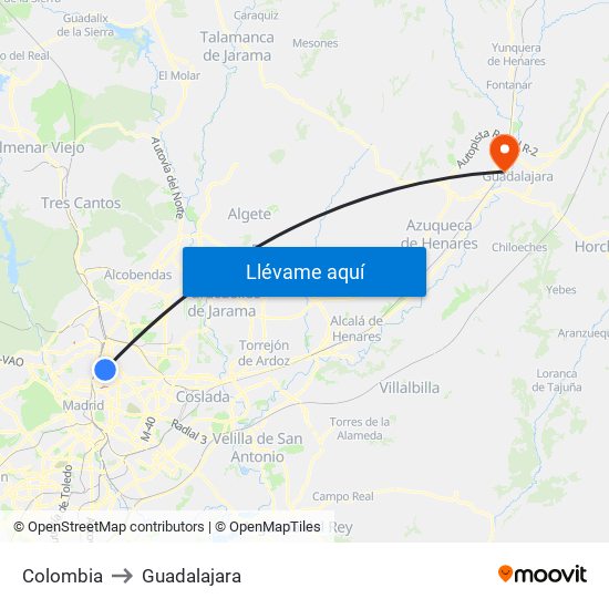 Colombia to Guadalajara map