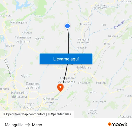 Malaguilla to Meco map