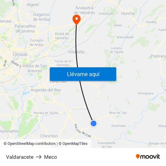 Valdaracete to Meco map