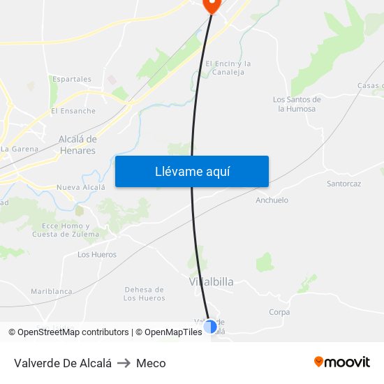 Valverde De Alcalá to Meco map