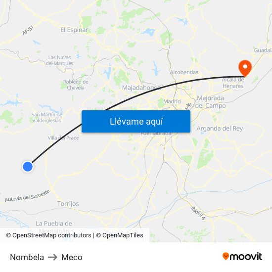 Nombela to Meco map