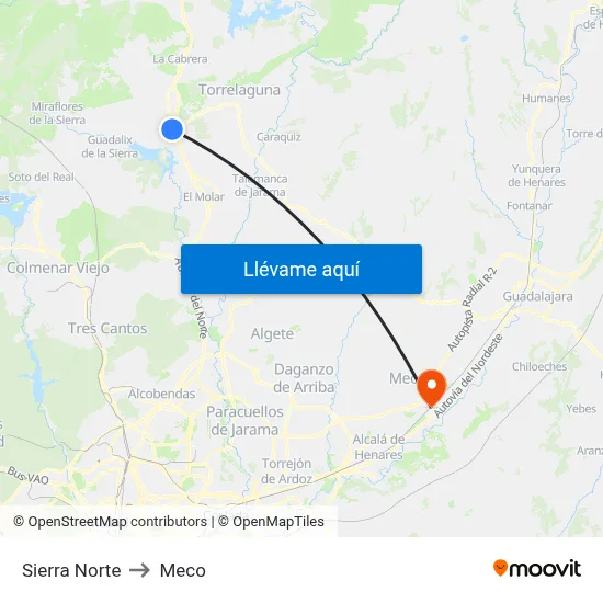 Sierra Norte to Meco map