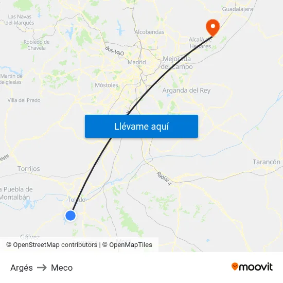 Argés to Meco map