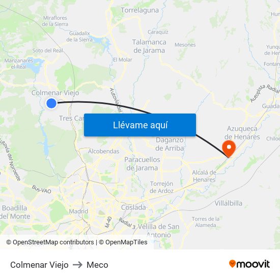 Colmenar Viejo to Meco map