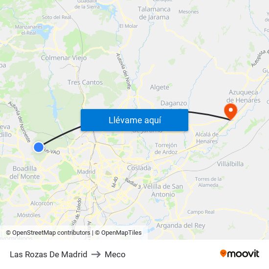 Las Rozas De Madrid to Meco map