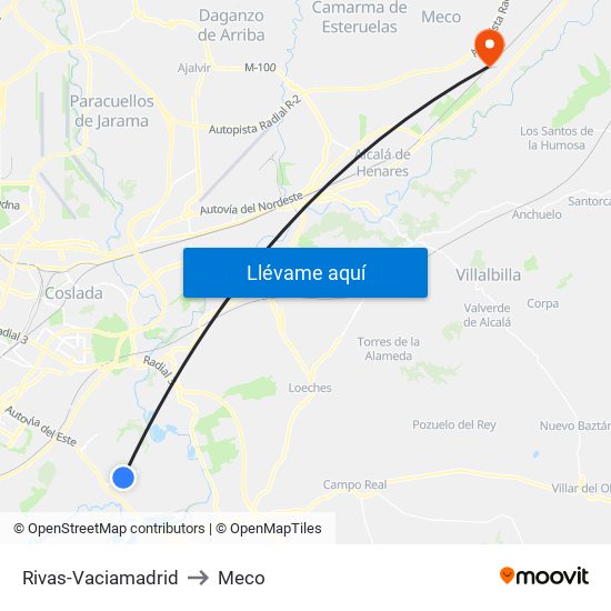 Rivas-Vaciamadrid to Meco map