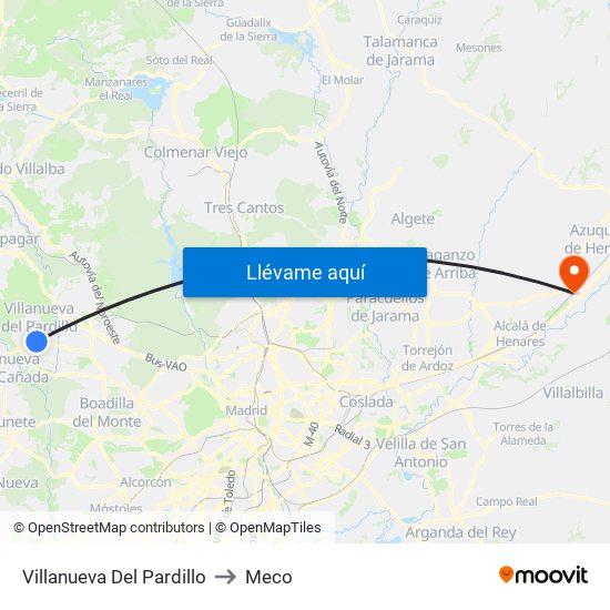 Villanueva Del Pardillo to Meco map