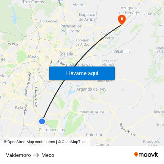 Valdemoro to Meco map