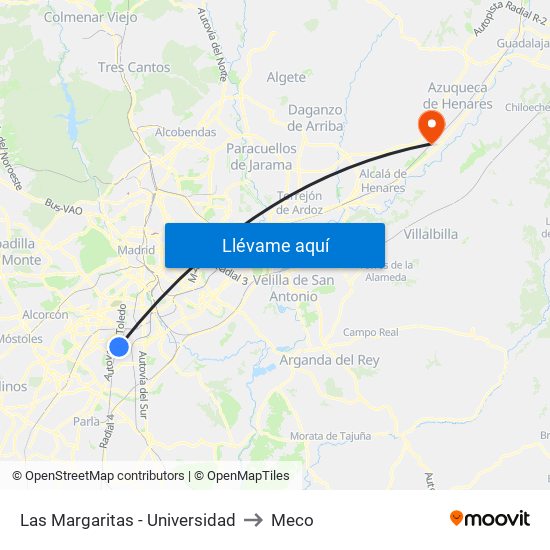 Las Margaritas - Universidad to Meco map