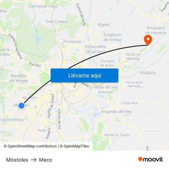 Móstoles to Meco map