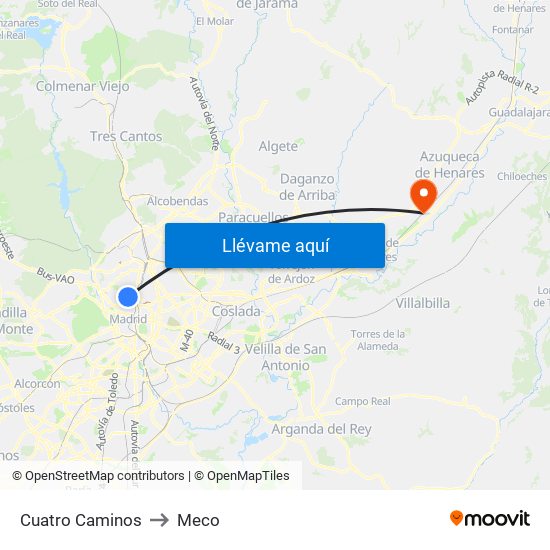 Cuatro Caminos to Meco map