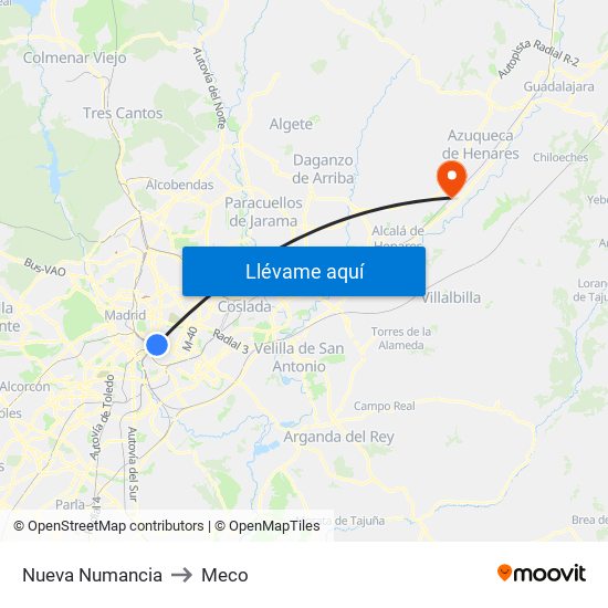 Nueva Numancia to Meco map