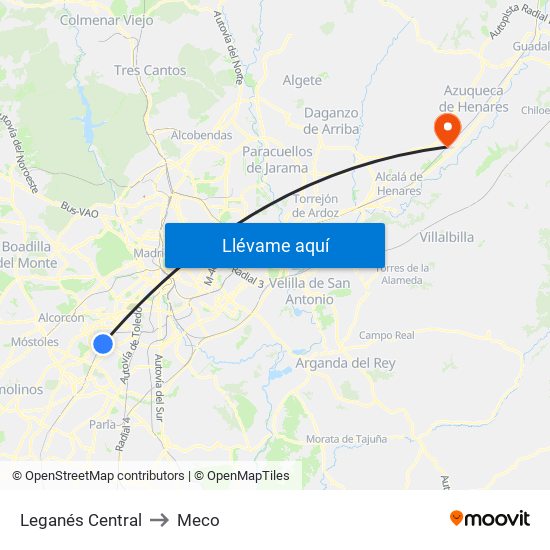 Leganés Central to Meco map