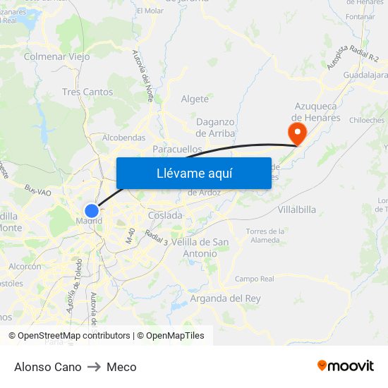 Alonso Cano to Meco map