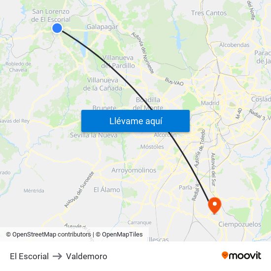 El Escorial to Valdemoro map