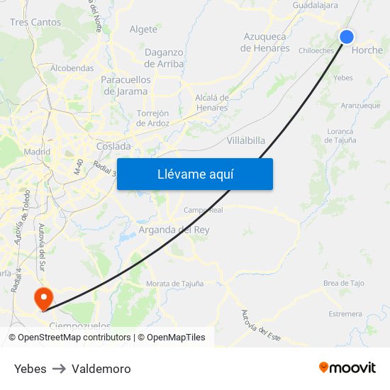 Yebes to Valdemoro map