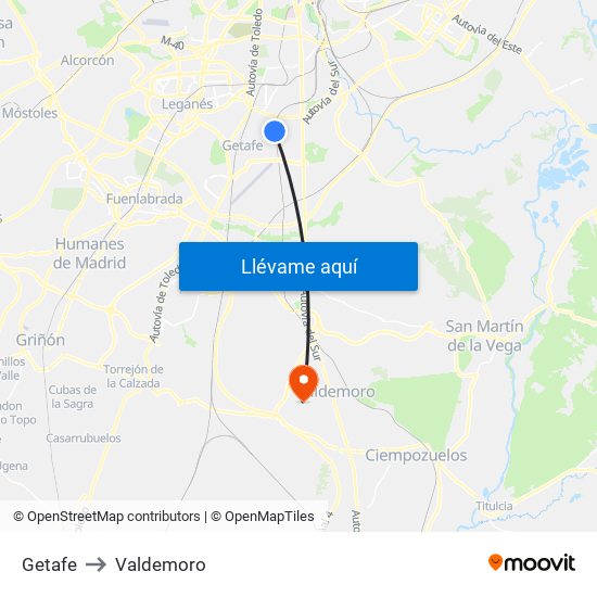 Getafe to Valdemoro map