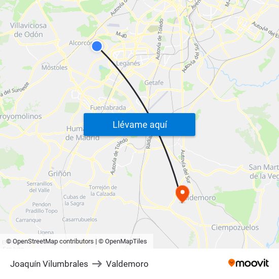 Joaquín Vilumbrales to Valdemoro map
