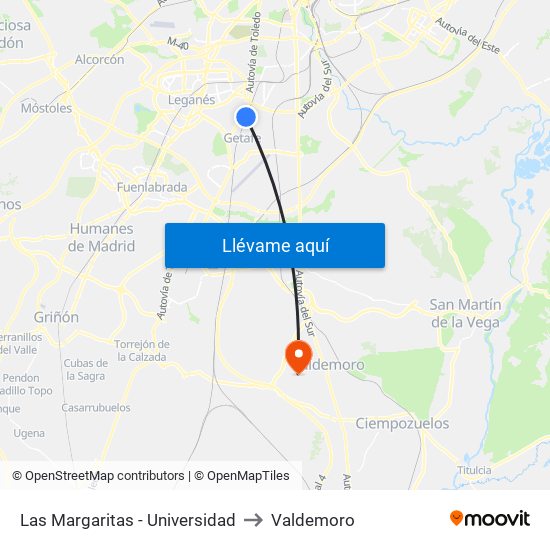 Las Margaritas - Universidad to Valdemoro map