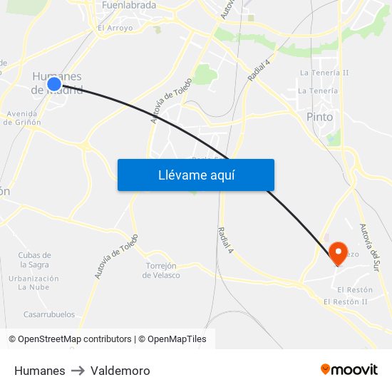 Humanes to Valdemoro map