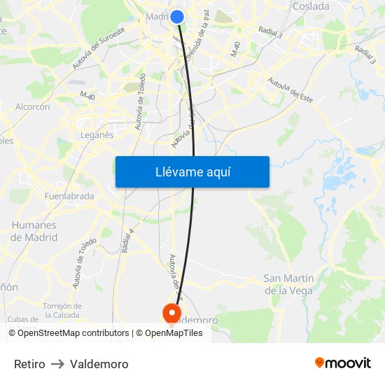 Retiro to Valdemoro map