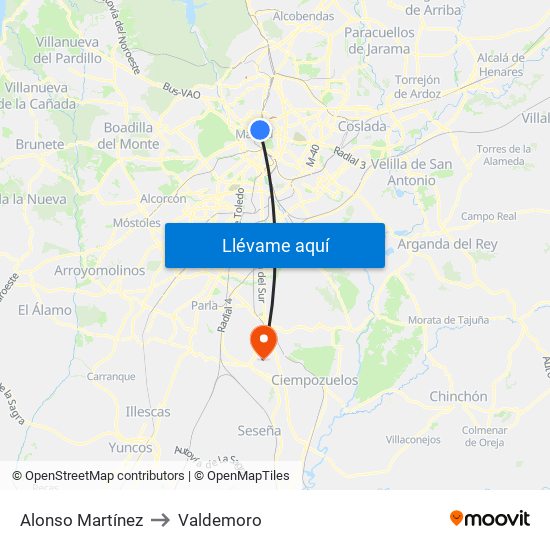 Alonso Martínez to Valdemoro map