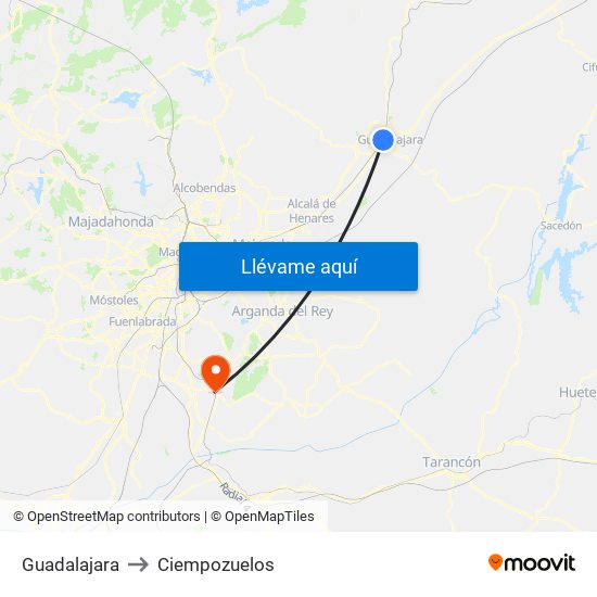 Guadalajara to Ciempozuelos map