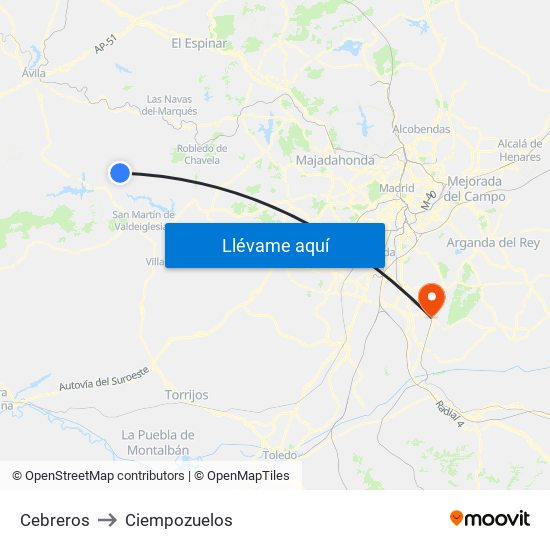 Cebreros to Ciempozuelos map