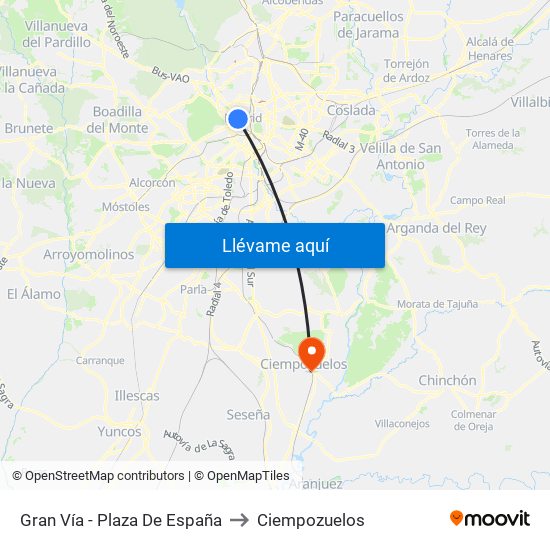 Gran Vía - Plaza De España to Ciempozuelos map