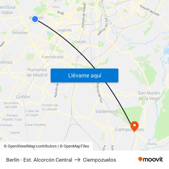 Berlín - Est. Alcorcón Central to Ciempozuelos map