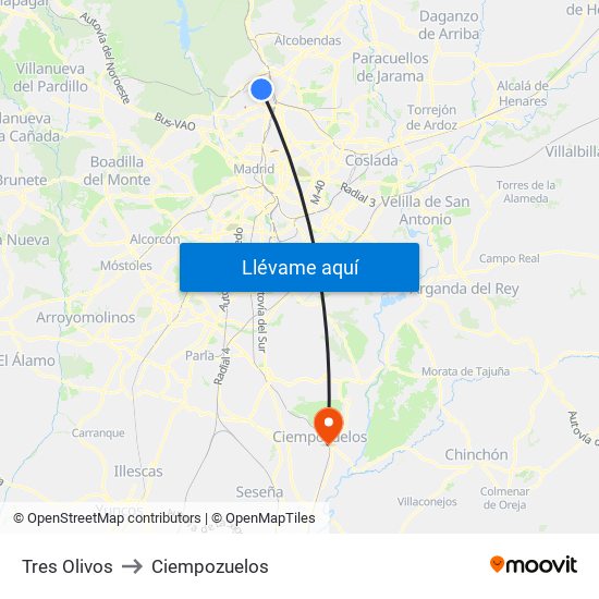 Tres Olivos to Ciempozuelos map