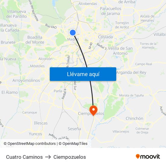 Cuatro Caminos to Ciempozuelos map