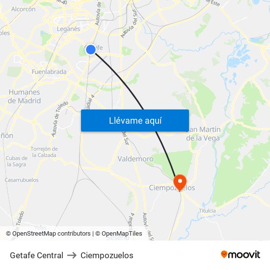Getafe Central to Ciempozuelos map