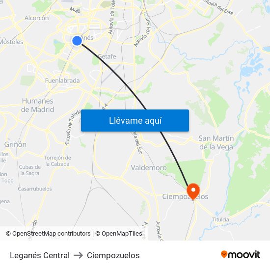 Leganés Central to Ciempozuelos map