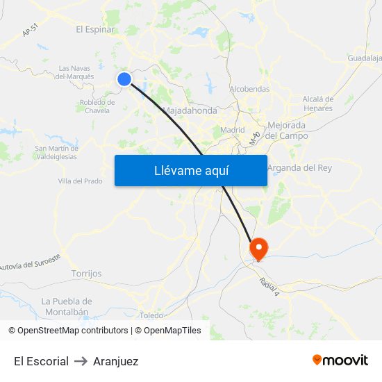 El Escorial to Aranjuez map