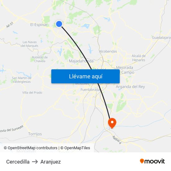 Cercedilla to Aranjuez map