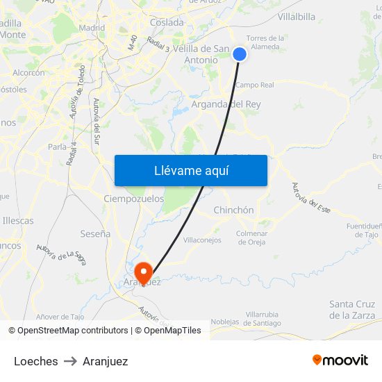 Loeches to Aranjuez map