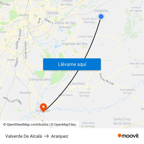 Valverde De Alcalá to Aranjuez map