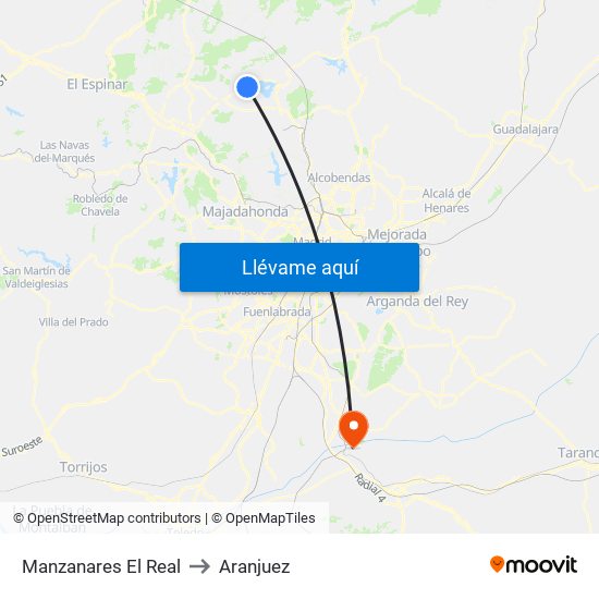 Manzanares El Real to Aranjuez map