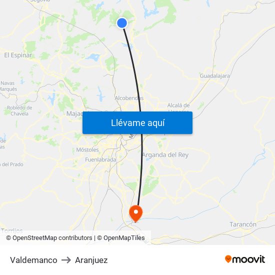 Valdemanco to Aranjuez map