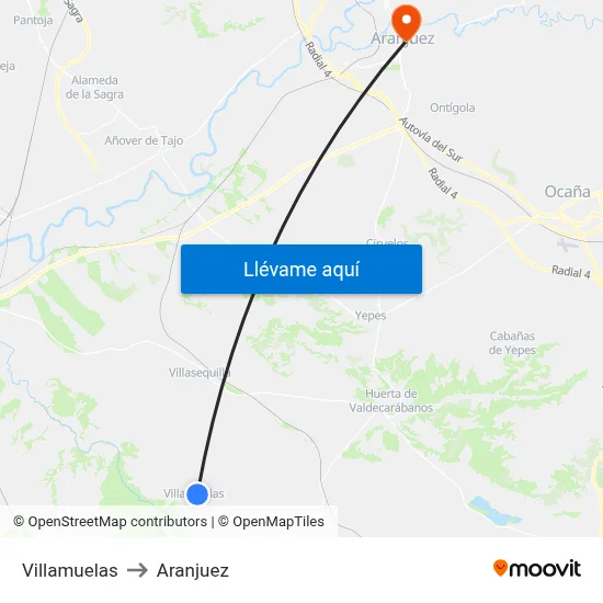 Villamuelas to Aranjuez map