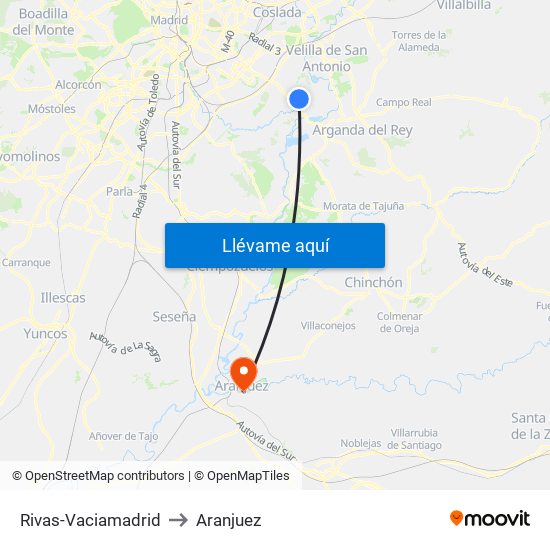 Rivas-Vaciamadrid to Aranjuez map