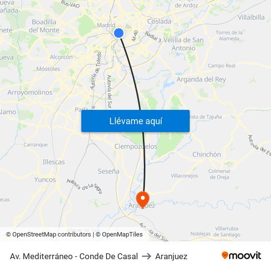 Av. Mediterráneo - Conde De Casal to Aranjuez map