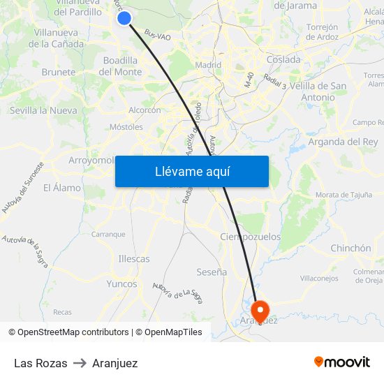 Las Rozas to Aranjuez map