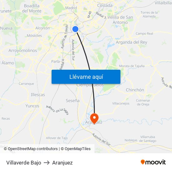 Villaverde Bajo to Aranjuez map